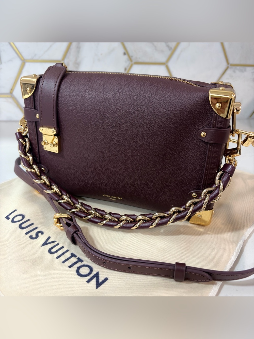 LVSide Trunk MM Burgandy/Plum Leather Purse w/Gold Woven Chain strap+shoulder.